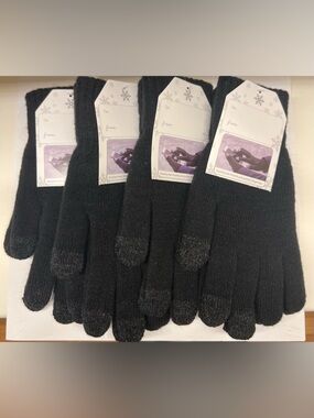 Four Pair Black Knit Touchscreen Gloves with Dark Tip Accents